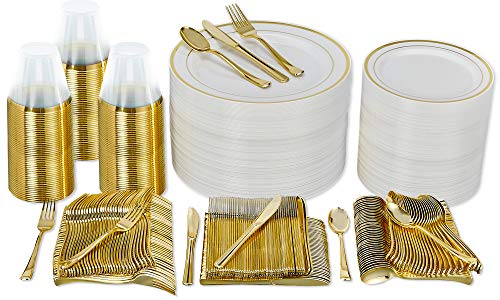 600-Piece Gold Plastic Dinnerware Set (100 Guests)for Party